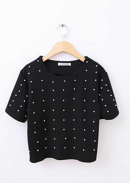 [SALE] Chic Cropped Pearl Stud Top In Black on Luulla